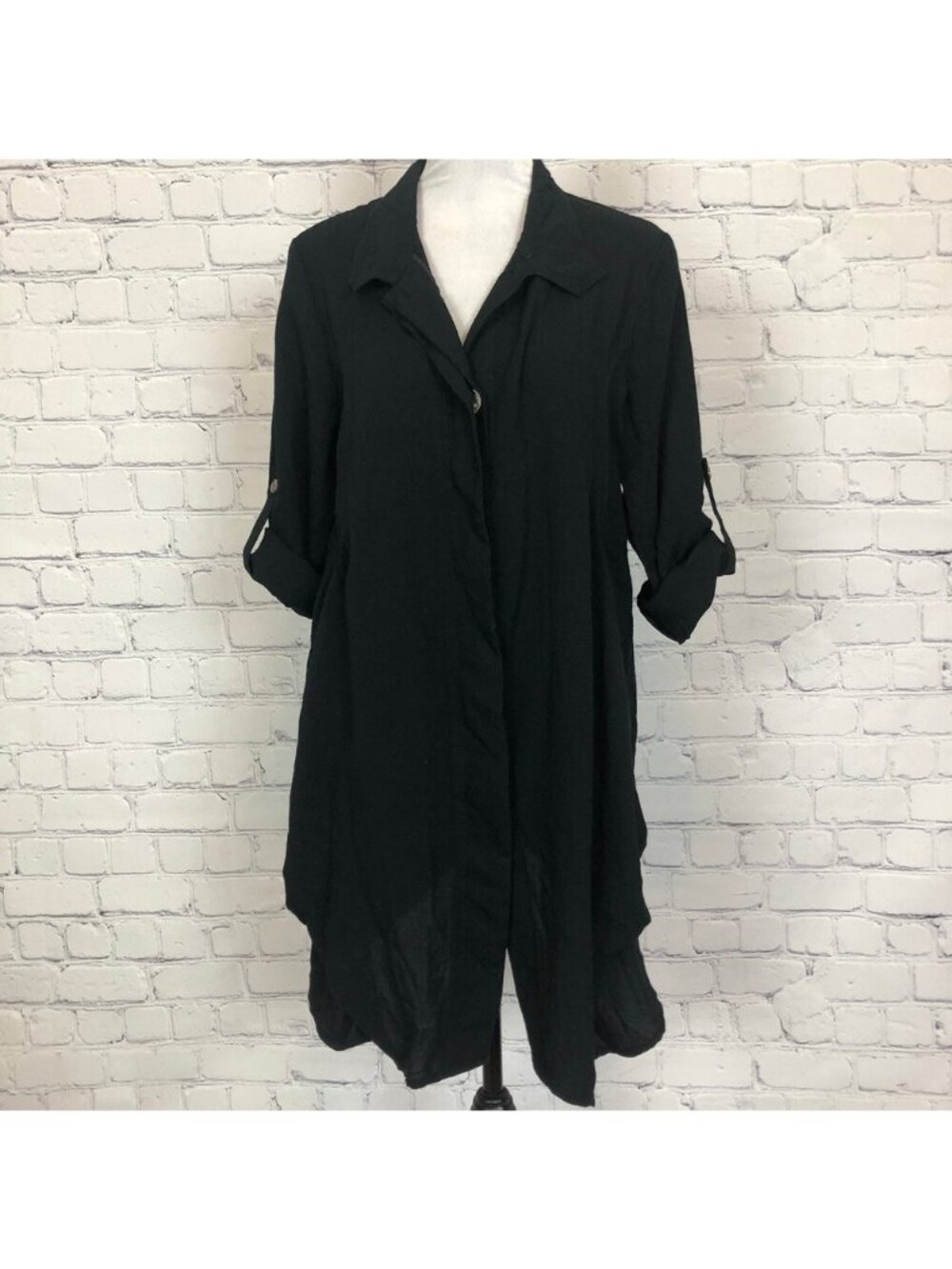 Fridaze Hidden Button Long Linen Jacket Size S Black Pockets Oversized